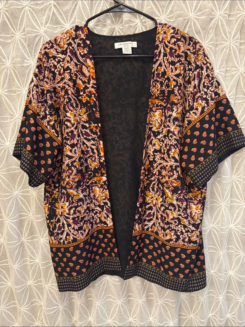Liz Claiborne Black Sheer Floral Paisley Kimono with Pink and Gold Highlights